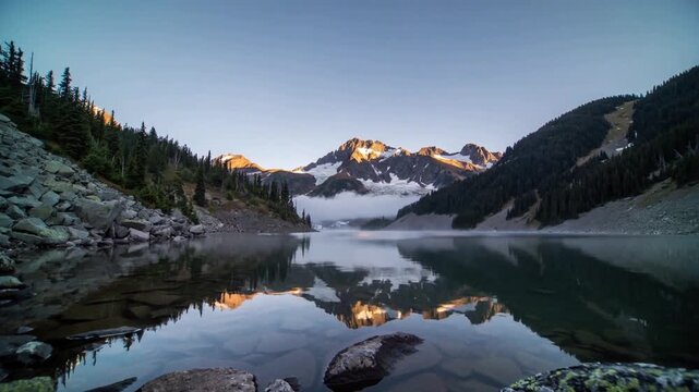 Lighting alpine lake at shoreline, sun rising behind ridge lifting fog, brightening lichen boulders