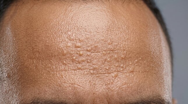 Extreme close up of male forehead with dense clear vesicles, indicating sweat rash, miliaria or skin infection