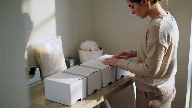 Checking woman knit top smoothing aligning 3 boxes at home for shipping bubblewrap tape, copy space