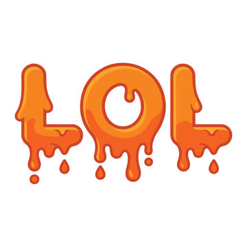 Orange dripping LOL slime text in liquid cartoon font isolated on white