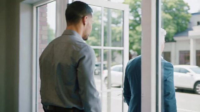 Grayshirt shaking hands ending meeting upon entry by urn in lobby escorting to glassdoor