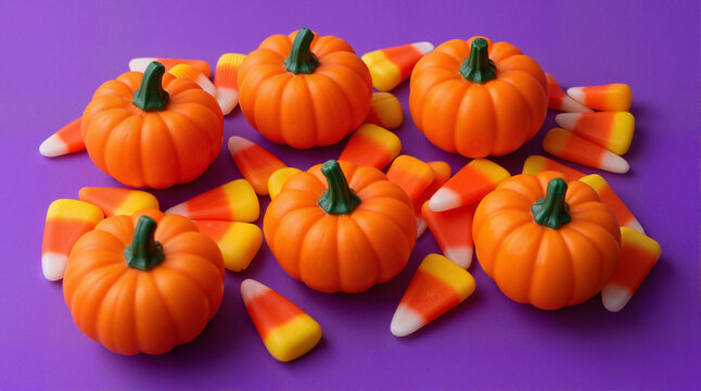 Halloween candy corns and pumpkins on purple background
