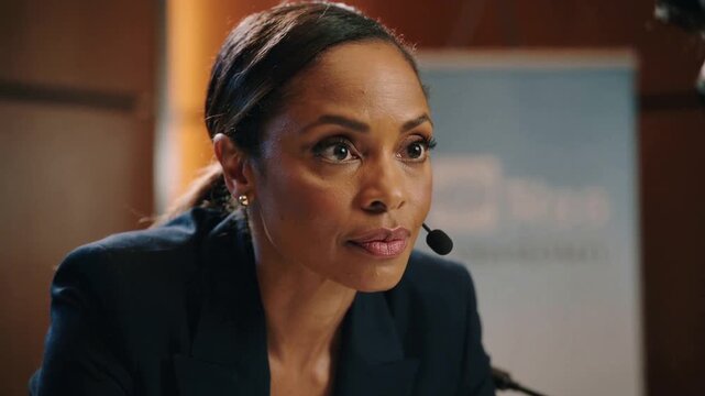 Leaning moderator wearing dark blazer and headset mic, listening at hearing table to man speaking