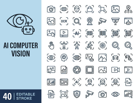 Visual Recognition AI Icon Set with Object Detection Facial Analysis Image Processing and Smart Camera Symbols