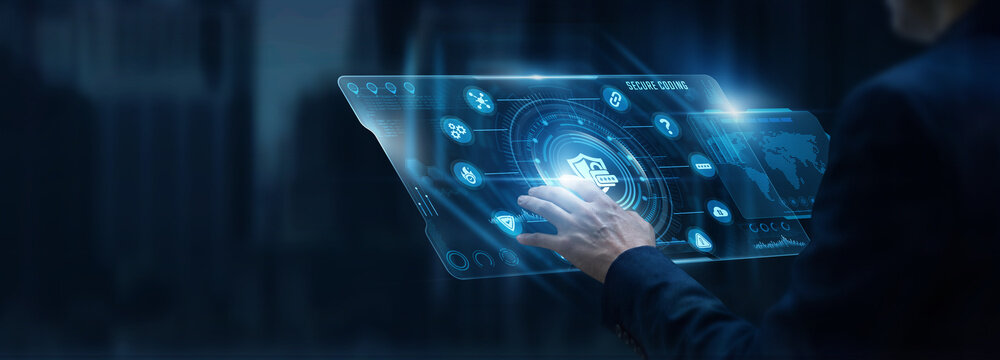 Businessman analyzing Secure Coding and software vulnerability scan data on digital screen. Application security compliance, devsecops, code threat prevention, cyber defense coding.