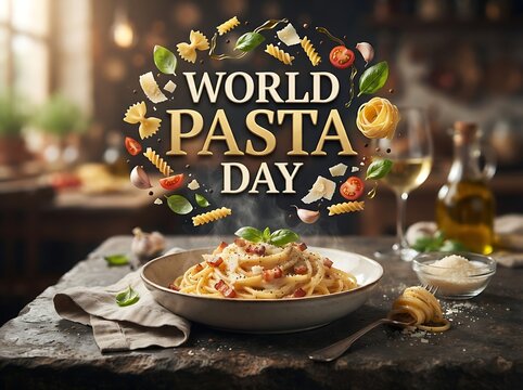 World pasta day celebration with a delicious plate of carbonara, fresh ingredients, and floating pasta shapes in a rustic kitchen setting