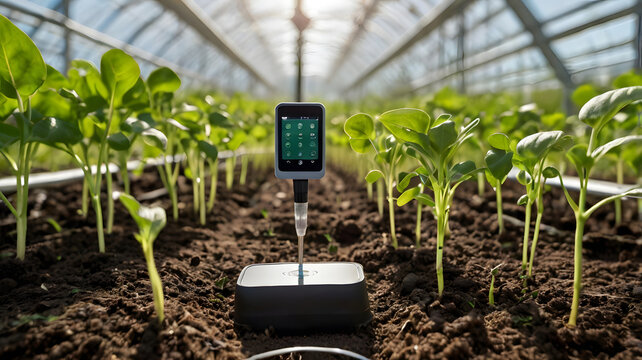 Automated soil moisture and nitrate sensor probe inserted in greenhouse ground.