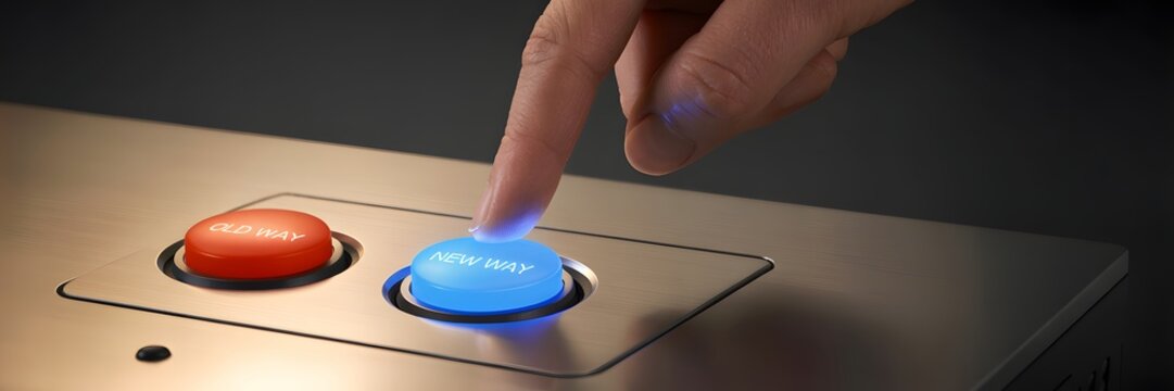 Human finger presses glowing blue button labeled New Way beside a red Old Way option