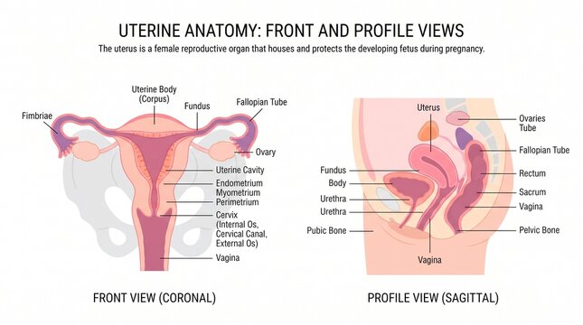 Medical Illustration Of Uterine Anatomy With Front And Sagittal Profile Views And Anatomical Labels