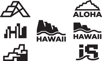 Black and white travel logos with Hawaii themes and mountain shapes © Crushin