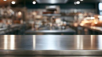 Obraz premium Empty stainless steel prep bench with a cool metal surface and blurred commercial restaurant kitchen background for product display and culinary mockups in a professional modern hospitality food prepa