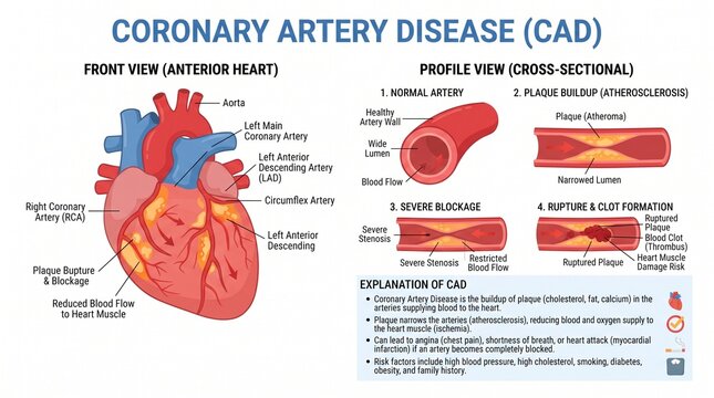 Medical Infographic Showing Coronary Artery Disease Progression with Human Heart Anatomy