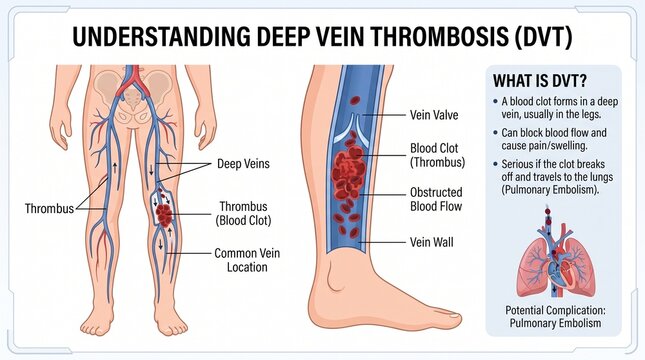 Medical Infographic Showing Deep Vein Thrombosis Anatomy and Blood Clot Mechanism in Human Leg