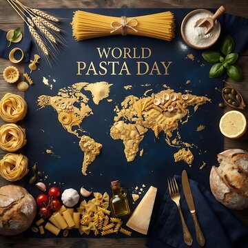 World pasta day concept with a world map made of various pasta shapes on a dark blue background surrounded by ingredients like flour, basil, and bread