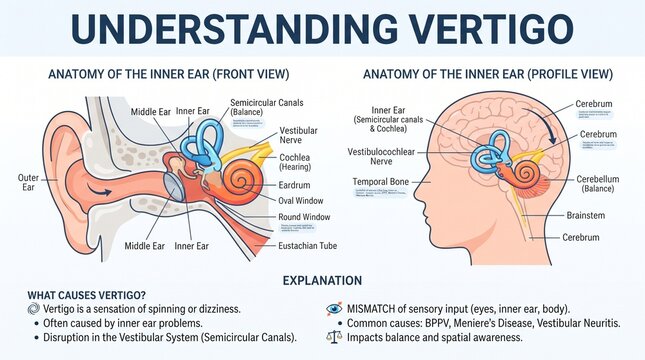 Medical Infographic Showing Human Inner Ear Anatomy and Vertigo Causes