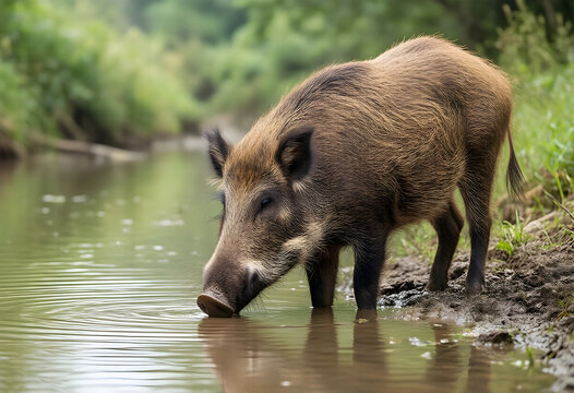 Wild boar drinking water in forest stream wildlife conservation and nature habitat feral pig in natural environment wilderness and ecology