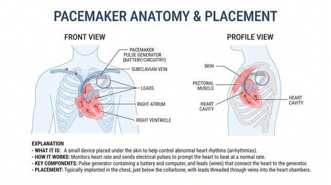 Medical Infographic Showing Human Heart Anatomy With Cardiac Device Implant Placement