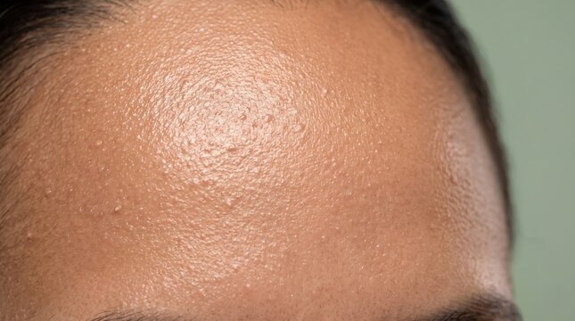 Macro view of congested pores and subclinical acne on oily forehead