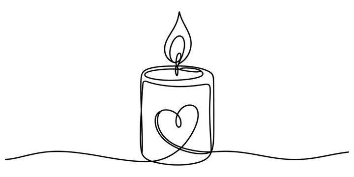 Burning candle with heart, love, romance, single line art for celebration or mood.