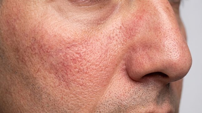 Detail of severe facial erythema and telangiectasia indicating rosacea on a male cheek and nose