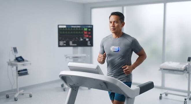Cardiac Rehabilitation Patient Wearing Wireless ECG Chest Strap Monitor During Treadmill Stress Test