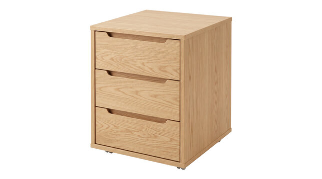 Modern light oak wood bedside table with three drawers on transparent background