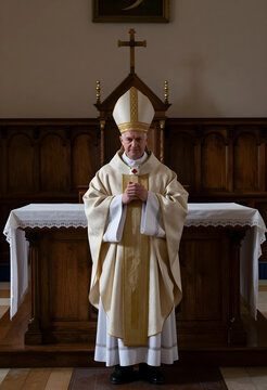 Christianity and religious leadership, bishop in liturgical vestments standing before a church altar for prayer and spiritual guidance in a cathedral
