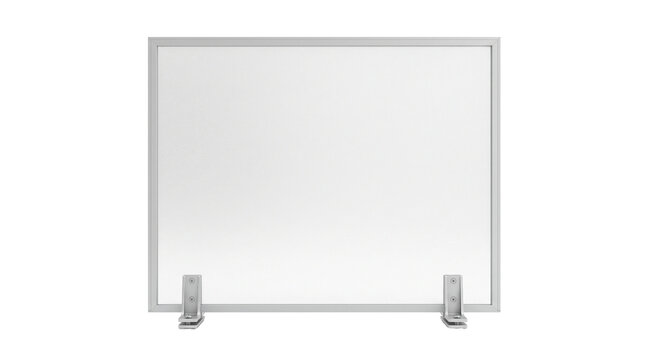 Clear glass protective screen partition on silver metal as isolated object