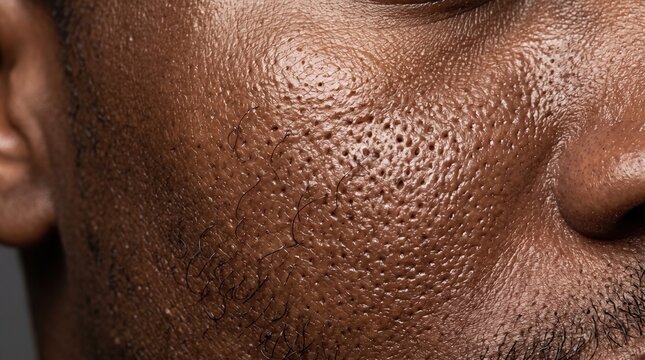 Extreme close-up of large congested pores and oily skin texture on a Black man face