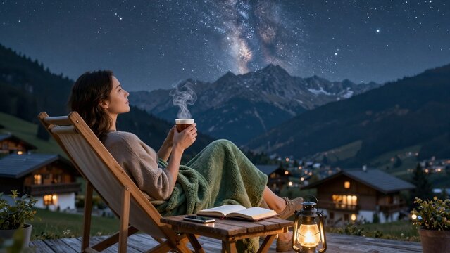 A woman relaxes on a wooden deck at dusk, sipping warm tea under a breathtaking starry night sky with the Milky Way arching over snow-capped mountains and cozy alpine houses below.