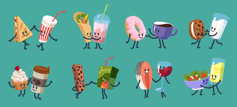 Cute food character in love. Cartoon kawaii pair, dessert drink couple. Sweet friend hug, funny smile mascot, happy emoji sticker. Friendly fastfood menu. Vector colorful isolated illustrations set