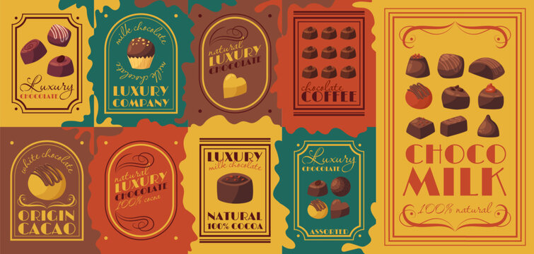 Chocolate logo. Label candy bonbon, praline. Gift dessert emblem. Cocoa sticker from cafe. Sweet breakfast badge. Icon gourmet truffle, premium confectionery, decor frames. Vector garish isolated set