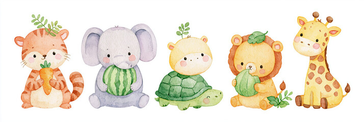 Obraz premium Adorable cartoon animals enjoying snacks with playful expressions
