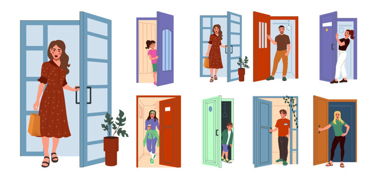 Character at door. People enter room, go home and office. Exit welcome. Doorway male. Man, woman peeking. Visitor greeting access, arrival, welcome. Vector tidy cartoon flat isolated illustration