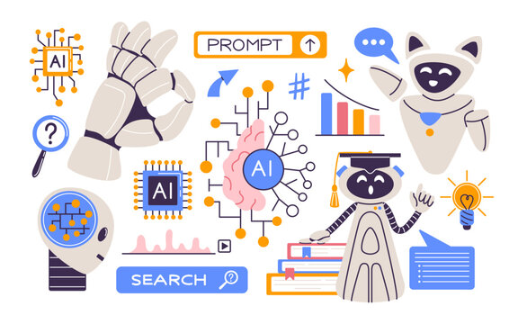 AI technology. Data code sticker. Retro cartoon robot, brain artificial intelligence mascot. Microchip, search icon, interface symbol. Computer network. Vector innovation isolated illustrations set