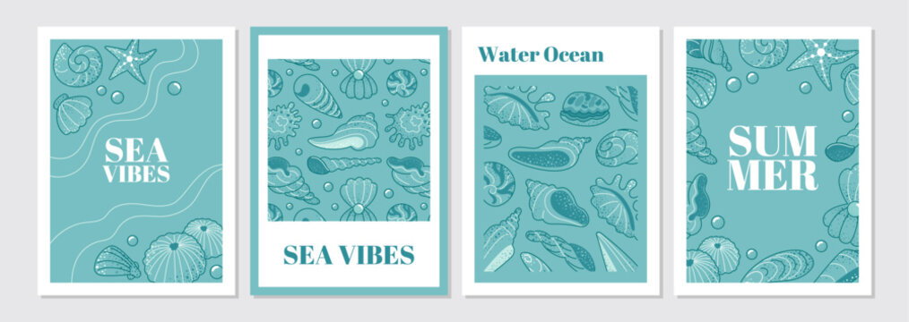 Seashell cover. Poster with shell. Tropical sea. Water texture. Pearl, cowrie template. Animal conches. Ocean vertical banner with mollusks and clams. Vector cute doodle isolated illustrations set