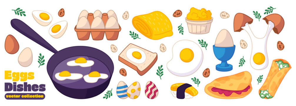 Cooking eggs. Boiled or fried, frying pan for breakfast. Healthy plate, fresh products. Omelet with quail eggs. Easter decoration. Vector organic garish meal cartoon flat style isolated illustration