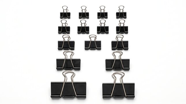 Black binder clips arranged in neat rows on a white background for organized office work