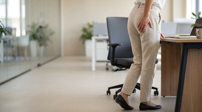 Woman standing at office desk holding her hip in pain