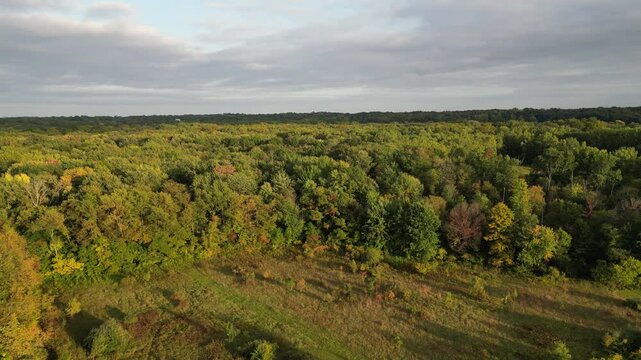 Aerial over Berrien Springs, in Berrien County, within the Oronoko Charter Township, Michigan, United States. A rural community with farms and lakeside, riverside home and vacation properties.