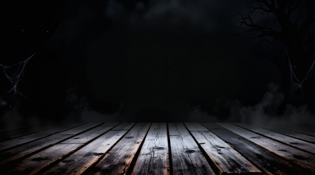 Spooky halloween background with empty wooden planks, dark horror background. Celebration theme, copyspace for text. Ideal for product placement
