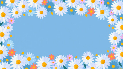 Fototapeta premium A vibrant border of colorful daisies against a soft blue background.
