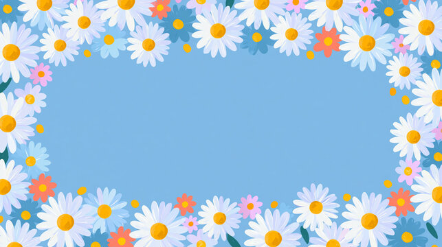 A vibrant border of colorful daisies against a soft blue background.