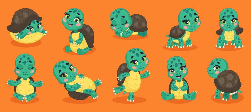 Cute turtle. Funny reptile with green shell. Sea mascot for children. Happy animal in marine different poses and emotions. Playful smiling tortoise character. Vector illustration cartoon tidy set