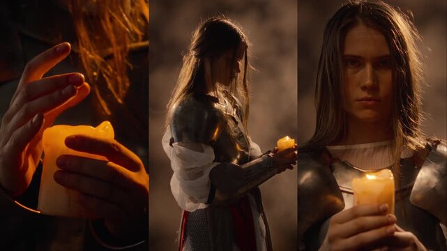 Portrait of young Caucasian woman knight in armor holding burning candle in split screen view. Footage suitable for historical cinema trailers, fantasy game promos, and medieval storytelling