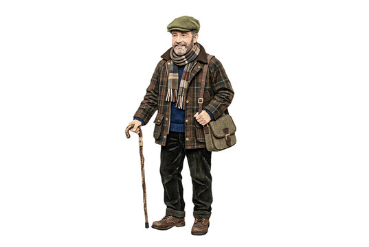 Senior British man in paper cut art style wearing flat cap, plaid jacket, scarf, and holding wooden cane