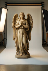 Fototapeta premium Spirituality and faith concept, stone angel statue with praying hands in a studio setting for religious themes and memorial design projects