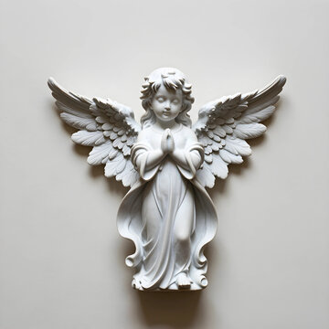 Spirituality and peace white marble angel statue with praying hands and wings spread for religious worship funeral memorial and divine protection