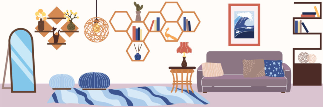 Boho interior. Living room decor. Natural panels, ECO home. Cozy decorated room. Chair, sofa, cushions and stylish mirror. Flower vase in house. Vector cartoon flat style isolated minimal illustration