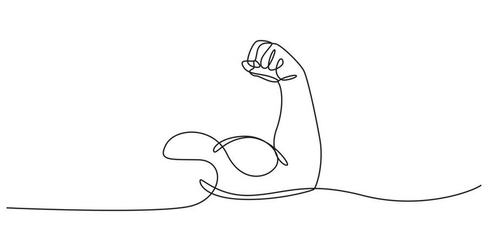 Animated self drawing of continuous line draw of Arm shows bicep fist. Full length one line animation. 4K, Arm shows bicep fist. Continuous one line vector, Man's hand shows a fist on the biceps in.
